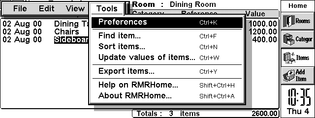 Items screen